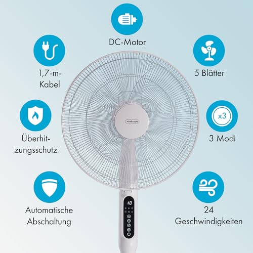 VonHaus 42 cm Standventilator – Ventilator Leise mit Ferbedienung, 24 Geschwindigkeiten, 3 Modi, 15-h-Timer, 80°-Schwenkfunktion, Einstellbare Höhe, LED, 5 Blätter – für Zuhause oder Büro