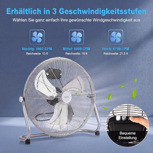 GYMAX Bodenventilator 57 cm, 160W Windmaschine mit 145° verstellbaren Ventilatorkopf, 3 Geschwindigkeitsstufen & schwerer Fuß, starker Luftstrom 11460 m³/h, Ventilator für Zuhause & Büro