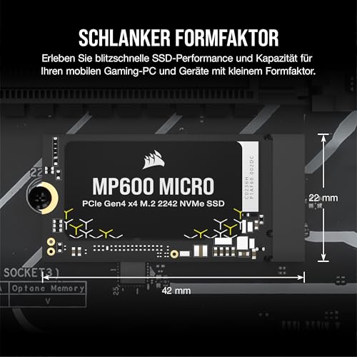 Corsair MP600 Micro 2TB M.2 NVMe PCIe x4 Gen4 SSD – M.2 2242 – Bis zu 7.000MB/Sek. Sequentielles Lesen – Hohe Dichte 3D TLC NAND – Kompatibel mit Lenovo Legion Go und Dünne Notebooks – Schwarz