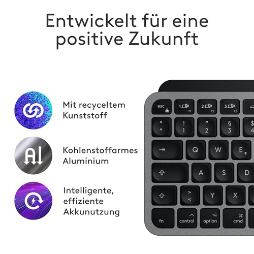 Logitech MX Keys Mini für Mac – minimalistische kabellose Tastatur | Für MacBook Pro, Air, iMac, iPad, Bluetooth, Hintergrundbeleuchtung, USB-C, flüssiges Tippen, DEU QWERTZ - Grau