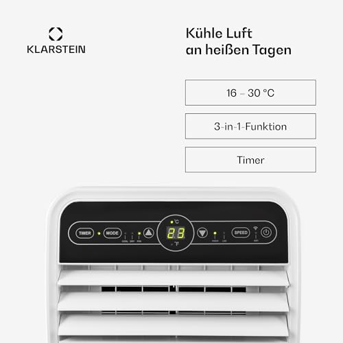 Klarstein Mobile Klimaanlage mit Abluftschlauch, 4-in-1 Klimagerät mit Ventilator, Luftentfeuchter & Nachtmodus, Kleine & Portable Klimaanlage für Wohnung & Büro, Niedriger Verbrauch, 9000 BTU