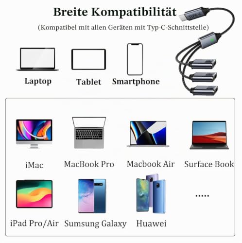 USB C Splitter 1 in 3 Out, USB C Verteiler Mehrfach, USB C Adapter Kabel