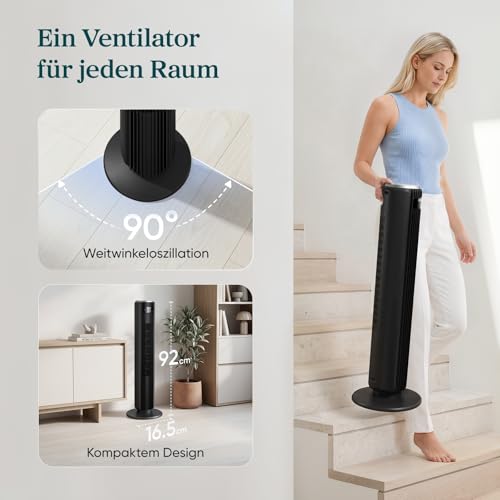 Levoit extrem leiser Turmventilator mit Schlafmodus, Mattschwarz, Höhe 92cm