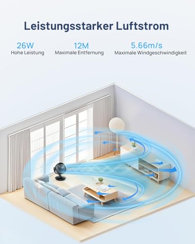 WOWDSGN Ventilator Leise 22dB Mit 6 Stufen & Display - 9-Stunden-Timer, Leistungsstarker 3D Turbo-Luftzirkulator - 100° & 80° Oszillation - Tischventilator für Schlafzimmer Wohnzimmer Büro Küchen