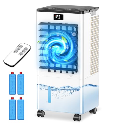 Mobile Klimaanlage, Luftkühler mit 3 Modi (Normal/Natur/Schlaf), 12H Timer, Tragbare Klimaanlage mit Display, 4 Eispacks, 60W Verdunstungsluftkühler ohne Abwasseranschluss für Zuhause Büro