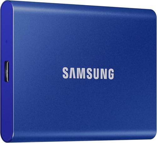 Samsung T7 Portable SSD - 1 TB - USB 3.2 Gen.2 Externe SSD Indigo Blue (MU-PC1T0H/WW) + Amazon Basics Festplattentasche, schwarz