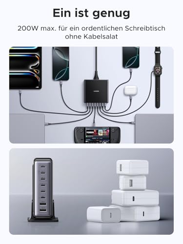 UGREEN USB C Ladegerät 200W, 8-Port Desktop Ladestation,100W Laptop Charger | platzsparend für Schreibtisch, Multi-Geräte Laden, PPS Schnellladegerät, kompatibel mit MacBook Pro/Air, iPhone, Galaxy usw.
