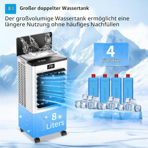 Mobile Klimaanlage, Luftkühler mit 3 Modi (Normal/Natur/Schlaf), 12H Timer, Tragbare Klimaanlage mit Display, 4 Eispacks, 60W Verdunstungsluftkühler ohne Abwasseranschluss für Zuhause Büro