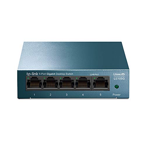 TP-Link LS105G 5-Ports Gigabit Netzwerk Switch (5 RJ-45 LAN Ports, Robustes Metallgehäuse, 802.1P/DSCP QoS, Plug-and-Play, lüfterlos) blau metallic