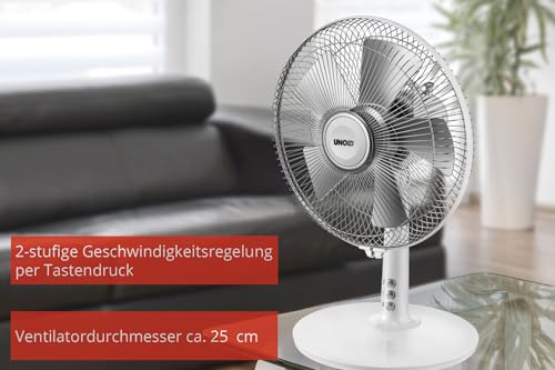 Unold 86810 Tischventilator Silverline White - Weiß, 2-Stufige Geschwindkeitsregelung per Tastendruck, Oszillation, 25 Watt, Schutzklasse II