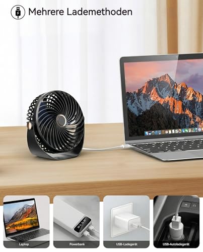 Tischventilator Klein,26dB Leiser Wiederaufladbarer USB Ventilator,5 Geschwindigkeiten,3000mAh Akku,360° Verstellbar,Turbinenlüfter mit Starkem Luftstrom für Zuhause Büro Reisen Camping (schwarz)