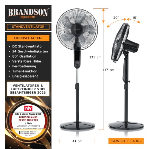 Brandson Standventilator leise, DC-Motor, Fernbedienung, 24 Stufen, Schwarz | Unter 40 dB(A) in Stufe 1, Timer bis 7,5 Std., LCD-Anzeige, Oszillation 80°, Schlafzimmer, Wohnzimmer, Heimbüro