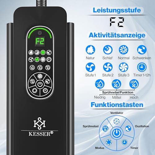 KESSER® Stand-Ventilator Frosty mit Wasser Ultraschall-Sprühnebel Wasserkühlung, inkl. Fernbedienung Timer-Funktion, Luftbefeuchter Leise, Nebelfunktion, Standventilator, Schwarz