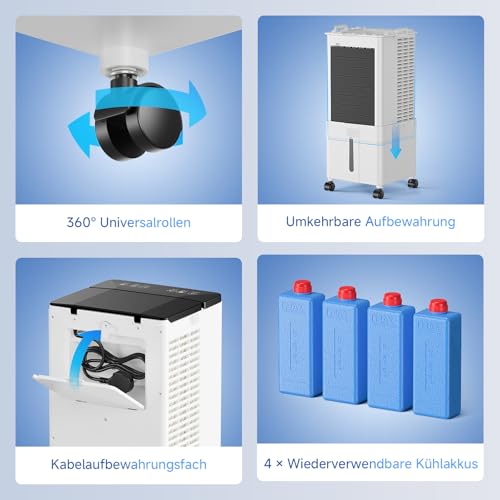 Klimaanlage Mobil 10L, 60W Klimagerät ohne Abluftschlauch 4-in-1, Klimaanlage mit 12H Timer, 4 Modus, 120°Oszillation, Abnehmbare Wassertank, Klimageräte Tragbarer Luftkühler für Wohnung Zimmer Räume