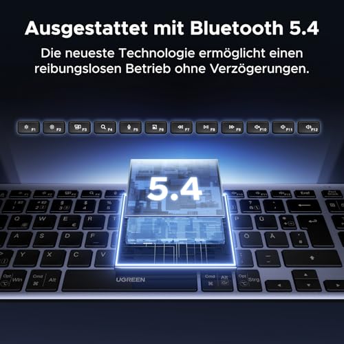 UGREEN Bluetooth Tastatur Kabellos Tastatur (BT5.4+2.4G) | Ultra Slim Scherentastatur, Wiederaufladbares Keyboard mit 3 Kanälen, Kompatibel mit Windows/macOS/Android-QWERTZ Layout
