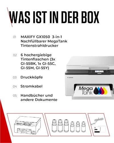 Canon MAXIFY GX1050 Tintenstrahldrucker mit Tank, günstigen Druckkosten | Für Büro und Telearbeit; nachfüllbare Tintenbehälter mit 3.000 Seiten pro Farbe, AirPrint und Mopria, Scannen und Kopieren