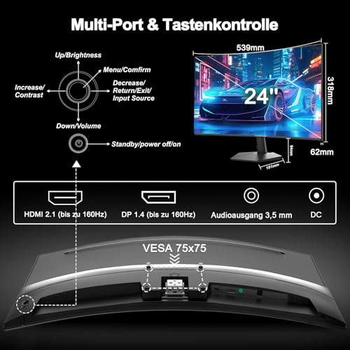 Minifire Gaming Curved Monitor 24 Zoll, 160Hz, Curved Gaming Monitor 1500R, 1Ms, sRGB110%, FHD 1080P Computer Screen, VESA Compatible, Eye Care Adaptive Sync HDMI＆DP Ports （MFG24C1L ）