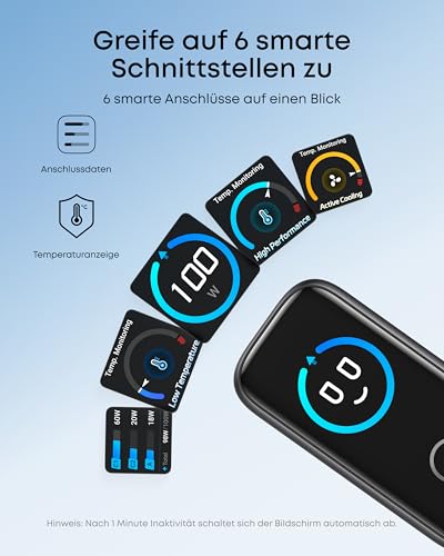 Anker 100W USB C Ladegerät, Smart Ladegerät, kompaktes 3-Port GaN Netzteil | Smart Display und Touch-Steuerung, für MacBook, iPad, iPhone 17/16/15 Serie, inkl. USB-C Kabel