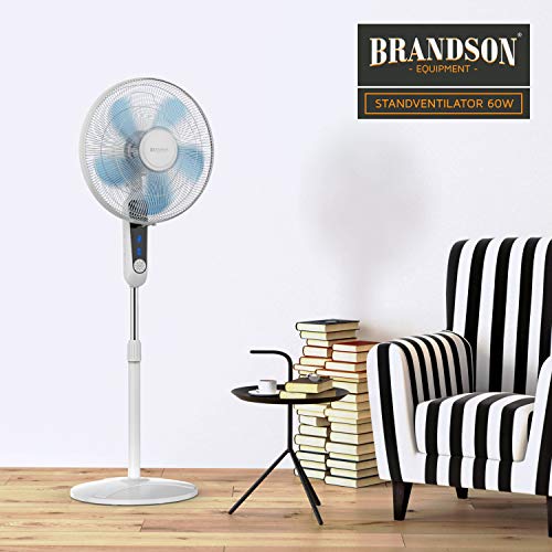 Brandson Standventilator mit Fernbedienung, 60 Watt, 3 Stufen, Timer, Weiß | Ventilator oszillierend 80°, höhenverstellbar 115 bis 134,5 cm, 3 Modi mit Nachtmodus, 3548 m³/h, Standlüfter, Schlafzimmer