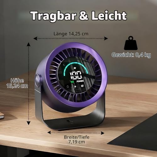Refluxe Mini Tischventilator, Kleiner über USB Aufladbarer Leiser Ventilator, Kühlender Elektrischer Schreibtischventilator mit LED Digitalanzeige, um 360° Neigbar für Schlafzimmer, Büro und Zuhause