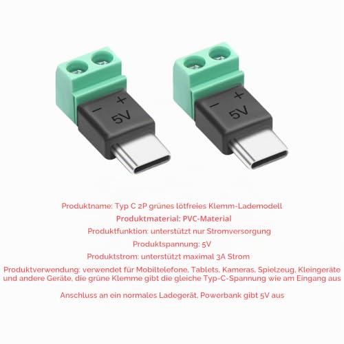 5 Stk Typ C Stecker auf 2 poligen Anschluss, Lötfreie Anschlüsse, 5V 3A, USB C 2Pin Lötfreier Adapter, Crimp Klemmleiste Stecker, Kein Datentransfer, für Tablets, Kameras, Spielzeug, Kleingeräte etc