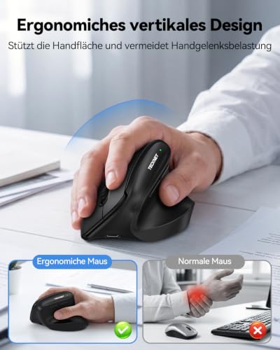 TECKNET Ergonomische Maus Kabellos, Bluetooth Vertikale Maus (BT 1+BT 2+2.4G), 5 Einstellstufen bis 4800 DPI, USB-A-Empfänger, Wiederaufladbar Leise Funkmaus für Laptop PC Computer Windows, Schwarz