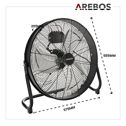Arebos Bodenventilator Ø50 cm | Windmaschine | Ventilator | 3 Geschwindigkeitsstufen | hoher Luftdurchsatz | 100° einstellbarer Neigungswinkel | Schwarz