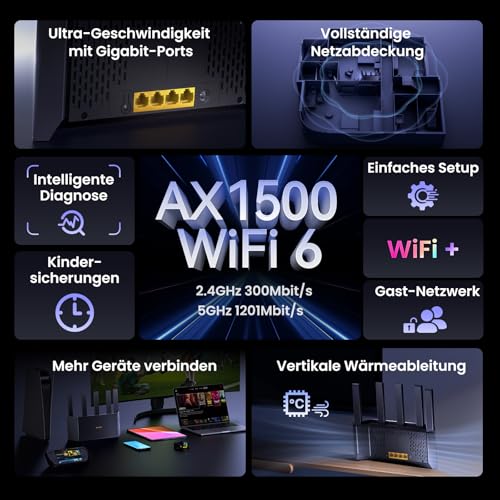 Tenda RX2L Pro Wi-Fi 6 WLAN Router (AX1500 Dualband 1201Mbit/s 5 GHz, 300Mbit/s 2,4GHz) 5Xexterne Antennen, 4-Gigabit-Port, Repeater & AP Modus, Wi-Fi+, Kindersicherung, WPA3, VPN, Keine DSL-Funktion
