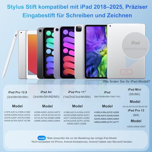 Stift für Apple iPad 2018-2025 mit Schnellladeleistung, Palm Rejection und Neigungssensitivität Pencil für ipad kompatibel mit i Pad 11/10/9/8/7/6, Pro M4/12.9/11/13" Gen, Air 3/4/5/M2/M3, mini 7/6/5