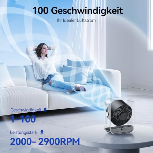 KIMMOO USB-Tischventilator Wiederaufladbar, Leiser Tischventilator mit Turbo-Luftstrom, 100 Geschwindigkeiten, Digitaldisplay, 90° Schwenkbar, Kleiner Ventilator für Schlafzimmer Büro Reise, Schwarz