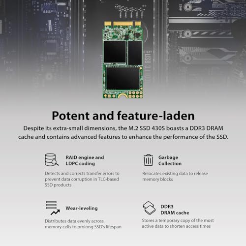 Transcend 256GB MTS430S M.2 SATA III 2242 SSD, DRAM-Cache, B+M-Schlüssel | Nicht kompatibel mit NVMe-Steckplätzen, internen SSDs, LDPC-Fehlerkorrektur (ECC) für Laptops und Desktop-PCs