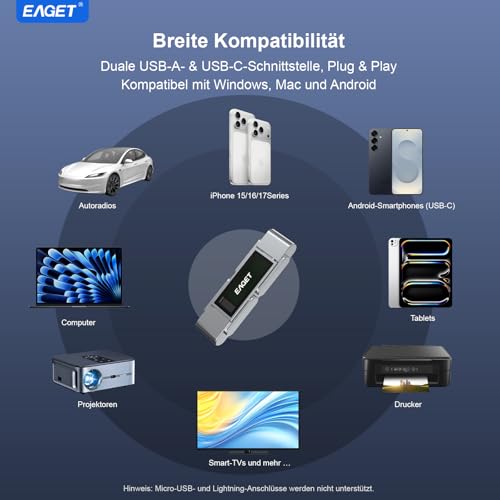 512GB Dual Drive USB C Stick, bis zu 400 MB/s, Typ-C & USB-A Speicherstick, USB 3.2 Speicherstick für iPhone 15/16/17, Android Handy, Tablet, Laptop und Mac, Metallgehäuse, Titangrau