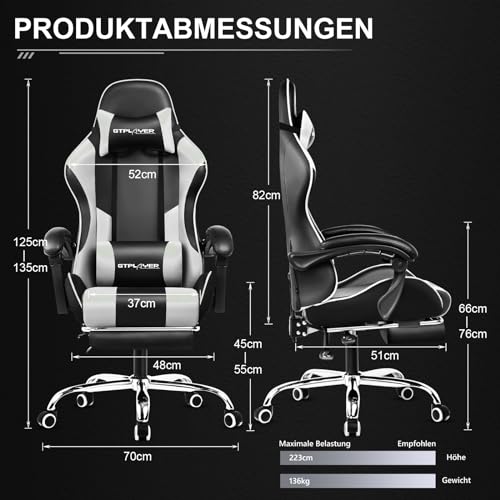 GTPLAYER Bürostuhl Gaming Stuhl Massage Gaming Sessel Ergonomischer Gamer Stuhl mit Fußstütze, Kopfstütze Massage-Lendenkissen, Gepolstert Gaming Chair, Drehsessel Kunstleder-weiß