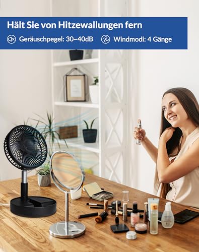 Primevolve 7.7" Ventilator Faltbarer mit Fernbedienung, 7200mAh Akku USB Standventilator Fan Tragbarer für Outdoor Reise Camping, Tischventilator Leise für Schlafzimmer Büro- Schwarz