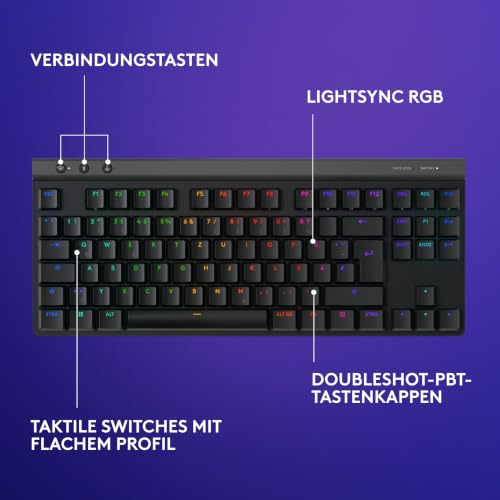 Logitech G G515 LIGHTSPEED TKL kabellose flache Gaming-Tastatur (Schwarz) | LIGHTSYNC RGB, dünnes Profil ohne Ziffernblock, PBT-Tastenkappen, taktile mechanische Switches, Deutsches QWERTZ-Layout
