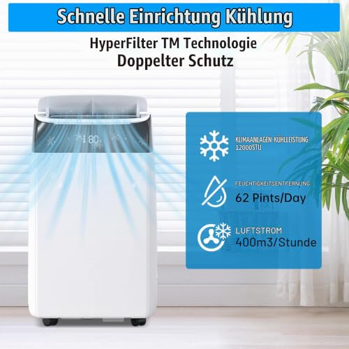 Mobiles Klimagerät 12000 BTU, Klimaanlage Mobil Ohne Außeneinheit, 4-in-1 Kühlen, Entfeuchten, Ventilator, a++ Energieeffizienz, R290 Kältemittel, Follow-Me-Funktion, Leise, Für Räume Bis 45 M²