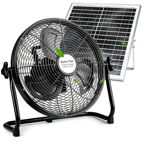 Solar Ventilator Outdoor Windmaschine 12 Zoll Ø, Ventilator mit Solarpanel Leise aus Metall, Leiser Camping Bodenventilator 12 Stufen, 360° Verstellbar, USB Ausgang, Schwarz, fürs Camping, Zuhause