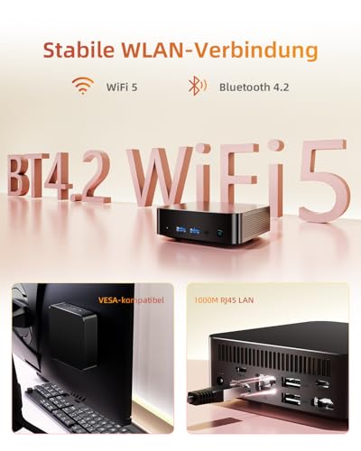 Mini PC mit Intel N3150 (Bis zu 2.08GHz, 4C/4T), 8GB RAM 256GB SSD Micro Computer mit Dual Volle Funktion Typ-C/4K Triple Display/WiFi 5/BT 4.2/USB 3.0 für Büro, Business