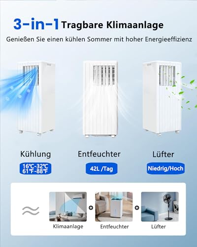 Garvee Klimaanlage Mobil Klimagerät 9000 BTU, 3 in 1 Kühlen Entfeuchten Lüftermodus Schlafmodus, 2.6KW Mobile Klima mit Abluftschlauch, Fernbedienung,24h-Time, Air Conditioner, Für Räume bis 20-35 m²