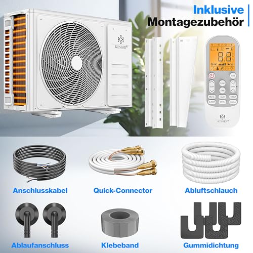 KESSER® Split Klimaanlage Set Quick Connect – WiFi & App Klimagerät mit Heizfunktion & Kühlmodus Wandklimaanlage, mit Kupferleitung 9000 BTU 2,6 kW Kältemittel R32 Inkl. Montagematerial