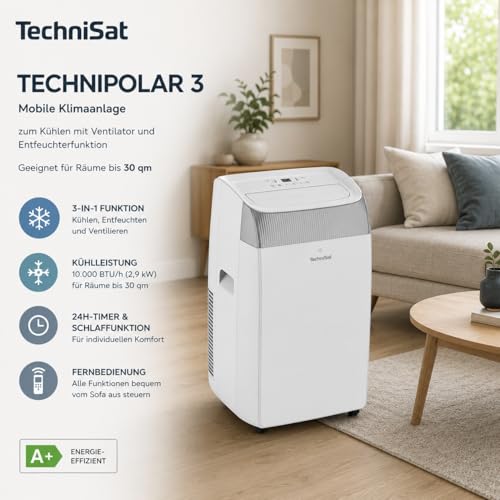 TechniSat TECHNIPOLAR 3 - mobiles Klimagerät mit Abluftschlauch, Weiß | bis 30 qm Raumgröße, 10000 BTU/h Kühlleistung, Luftentfeuchter, Ventilator, Timer, Fernbedienung, Fensterkitt, max. 64 dB