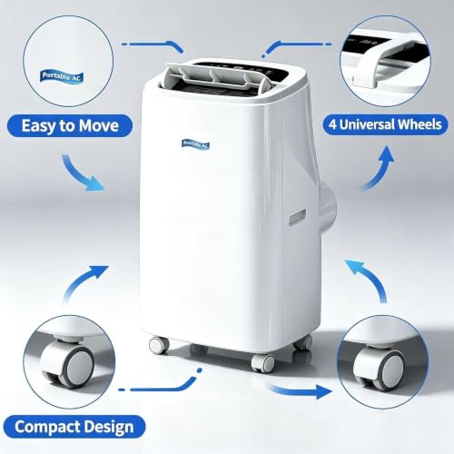12000 BTU Mobile Klimagerät, Kühlung nur freistehend tragbar, mit Rollen, kompakte Raumklimaanlage für Wohnzimmer & Büro, Weiß, B+Hot & Cold 14000 BTU, B+Hot & Cold 14000 BTU