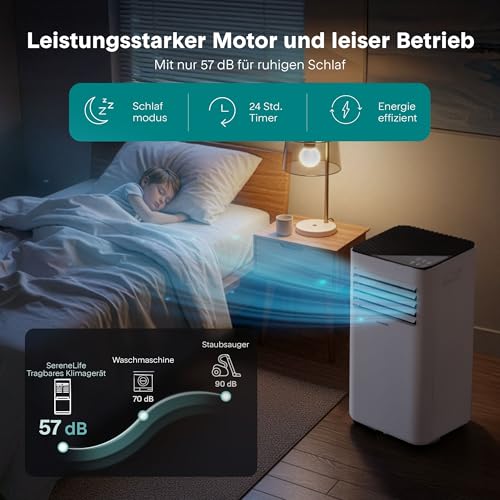 SereneLife Mobiles Klimagerät 7000 BTU 2,0kW für 28 m² – Air Conditioner mit Abluftschlauch, 3-in-1 mit Entfeuchter und Ventilator, Inkl. Fensterkit und Fernbedienung [Energieklasse A+++]