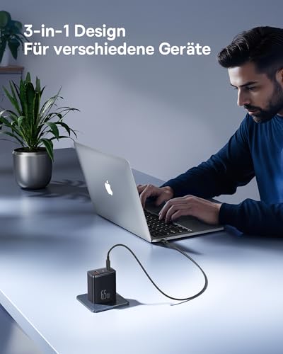 Baseus USB C Ladegerät 65W 3-Ports USB C Netzteil PD Ladegerät mit PPS, GaN Schnellladegerät kompatibel mit MacBook Pro/Air, iPad Pro, Steam Deck, iPhone 16-12 Serie, Galaxy S24 Ultra-S20, Pixel usw