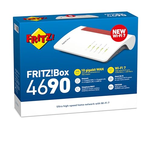 Fritz!Box 4690 Edition International, Wi-Fi 7 Mesh Router für DSL oder Fibre, bis zu 6960 Mbit/s Geschwindigkeit, 1x 10-Gigabit WAN/LAN, 3X 2.5-Gigabit LAN, DECT-Basis und Zigbee, Wi-Fi MESH und