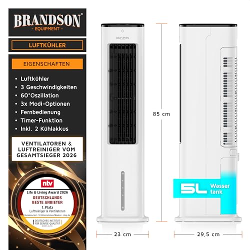 Brandson Luftkühler Wasserkühlung, Turmventilator, Fernbedienung, Weiß | Verdunstungskühler, Standventilator ohne Abluftschlauch, 5 Liter Wassertank, 2 Kühlakkus, 60° Oszillation, 3 Modi, Timer