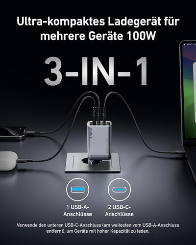 Anker Prime 100W USB C Ladegerät, 3 Port GaN Schnellladegerät | Faltbar & kompakt, für MacBook, iPad, iPhone 17/16/15 Serie, Galaxy S24/S23 und mehr