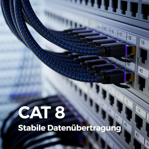 deleyCON 0,5m CAT 8 Netzwerkkabel Nylon RJ45 40 Gbit/s S/FTP - Schwarz | Kurzes 50cm Gigabit Ethernet Patchkabel, 100% Kupfer, PIMF, LAN Kabel Cable, RJ45 Stecker für CAT8 CAT7 CAT6 POE PS5
