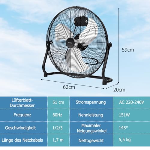 SOARS Bodenventilator 50cm, Windmaschine mit 3-Leistungsstufen, Neigungswinkel 145°, Ventilator Metall mit Handgriff, hoher Luftdurchsatz