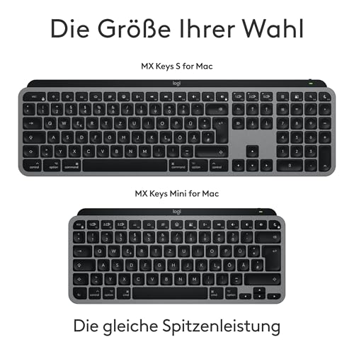 Logitech MX Keys Mini für Mac – minimalistische kabellose Tastatur | Für MacBook Pro, Air, iMac, iPad, Bluetooth, Hintergrundbeleuchtung, USB-C, flüssiges Tippen, DEU QWERTZ - Grau